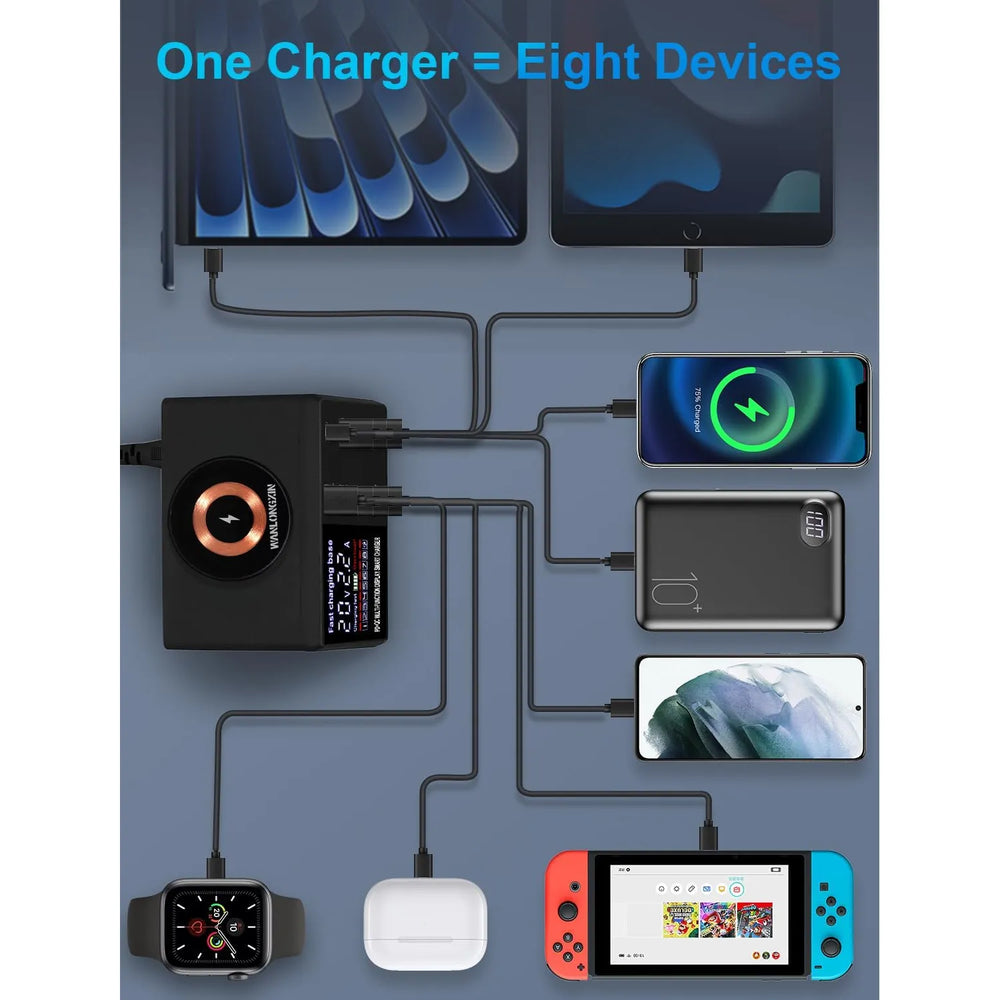 110W USB Oplaadstation 8 Poorten – Multi USB Snellader met Digitaal Display & Draadloos Opladen – Geschikt voor iPhone, Samsung, iPad, Tablets, Speakers en Meer