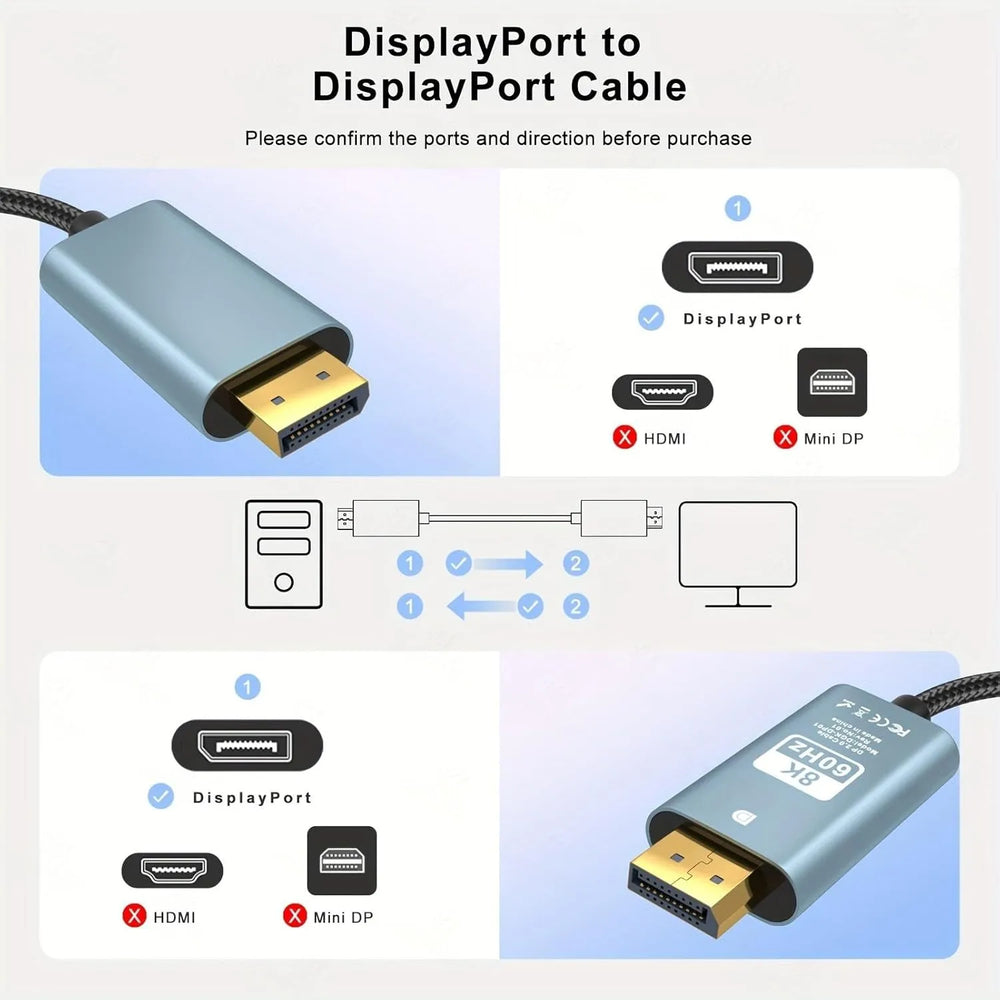 DisplayPort naar DisplayPort Kabel 2 Meter – 8K 60Hz – DP 1.4 High Speed Kabel – HDR
