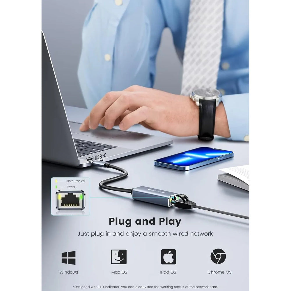 USB-C naar Ethernet Adapter - Gigabit LAN RJ45 - 1000Mbps - Thunderbolt 3 Compatibel - USB Type-C Netwerkadapter - Aluminium Behuizing-Ilumina Benelux