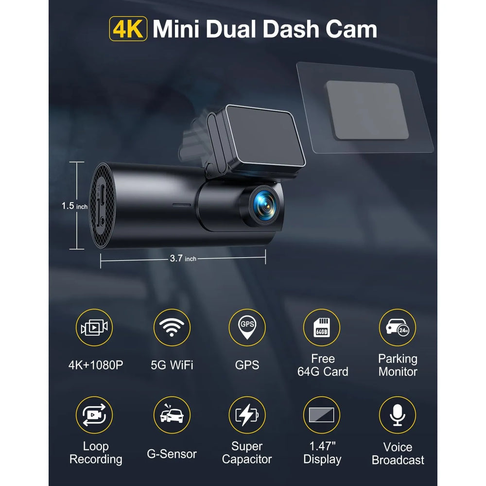 4K Dashcam Voor & Achter met WiFi – 2.5K + 1080P Auto Camera – Nachtzicht – Parkeermodus – 170° Groothoek