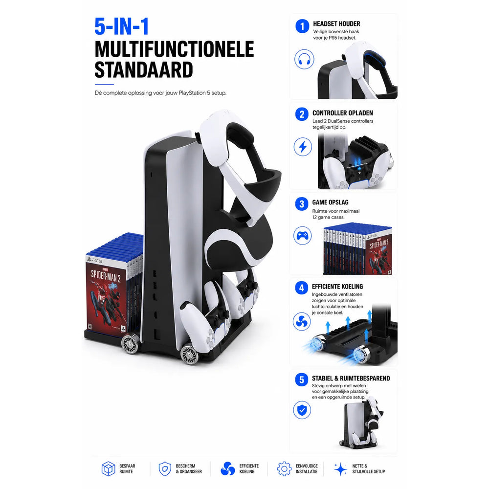 PS5 Opbergstation - Standaard met Koelventilatie - Oplaadstation voor DualSense - Games & Headset Houder-Ilumina Benelux
