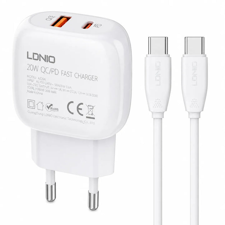 LDNIO 20W Snellader USB-C & USB - PD + QC3.0 Oplader - Dual Port Fast Charger - Inclusief USB-C naar USB-C Kabel-Ilumina Benelux