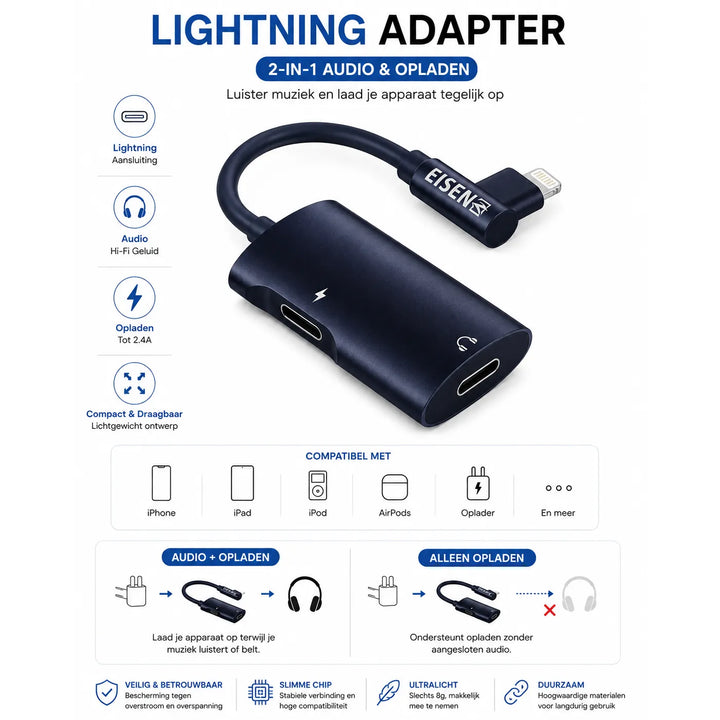 Audio Splitter Adapter 2-in-1 Geschikt voor iPhone - Lightning naar Audio + Opladen - Lightning Splitter - Hoofdtelefoon Adapter - Opladen & Muziek Tegelijk-Ilumina Benelux
