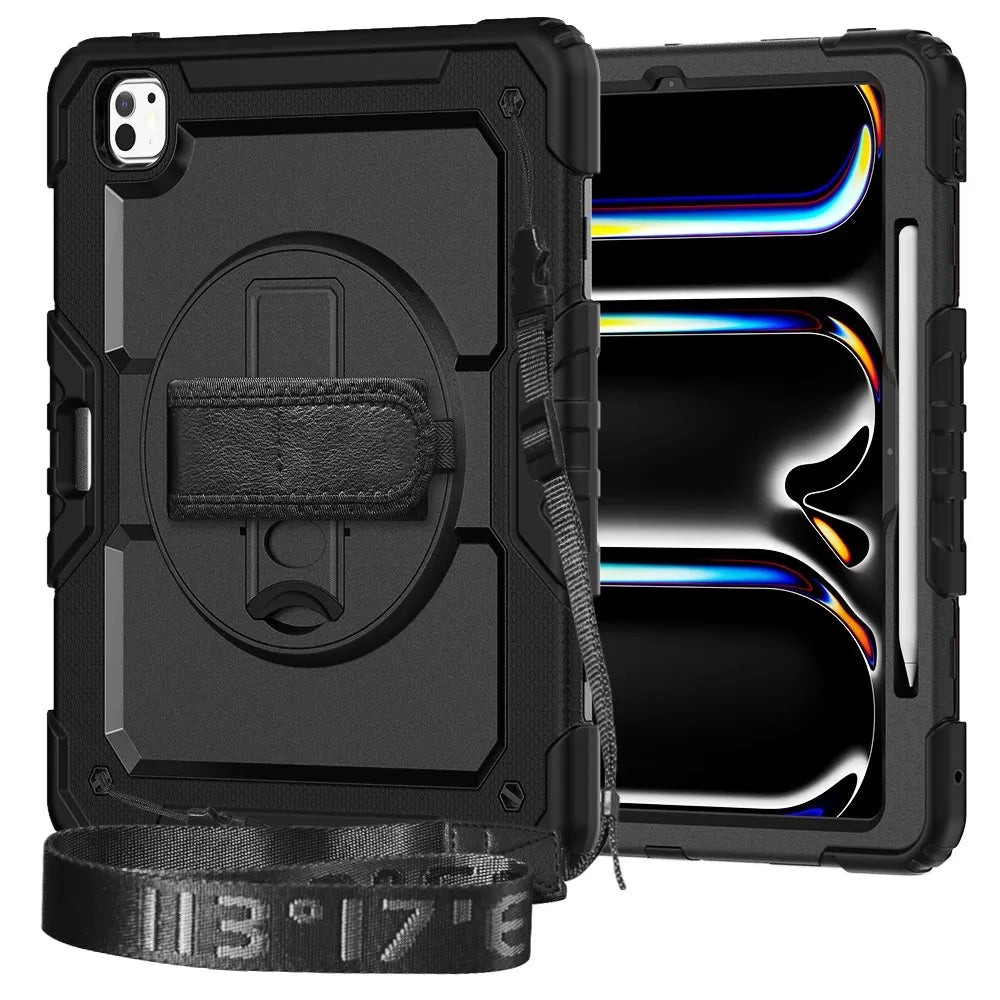 Tablethoes Geschikt voor Apple iPad Pro 13 (2025) & iPad Pro 13 (2024) – Kids Case met Schermbeschermer – Shockproof Armor Case – Handstrap, Schouderband & Penhouder – Zwart
