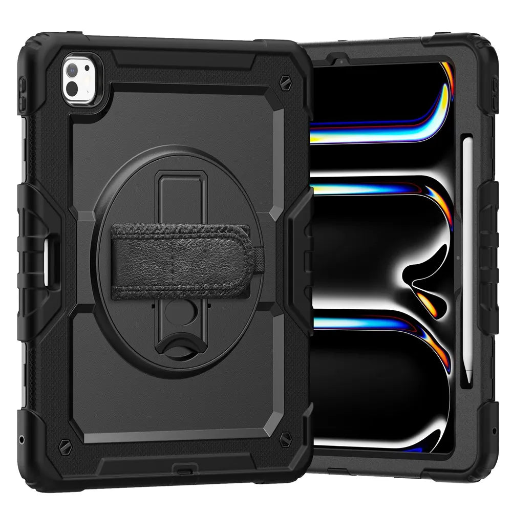 Tablethoes Geschikt voor Apple iPad Pro 13 (2025) & iPad Pro 13 (2024) – Kids Case met Schermbeschermer – Shockproof Armor Case – Handstrap, Schouderband & Penhouder – Zwart
