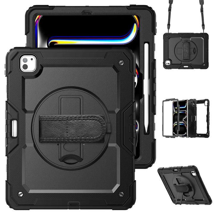 Tablethoes Geschikt voor Apple iPad Pro 13 (2025) & iPad Pro 13 (2024) – Kids Case met Schermbeschermer – Shockproof Armor Case – Handstrap, Schouderband & Penhouder – Zwart-Ilumina Benelux