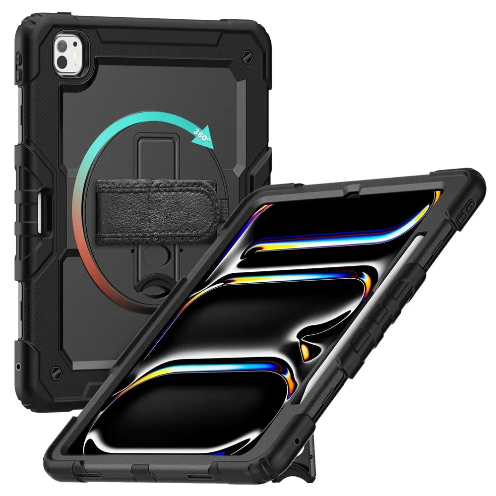 Tablethoes Geschikt voor Apple iPad Pro 13 (2025) & iPad Pro 13 (2024) – Kids Case met Schermbeschermer – Shockproof Armor Case – Handstrap, Schouderband & Penhouder – Zwart
