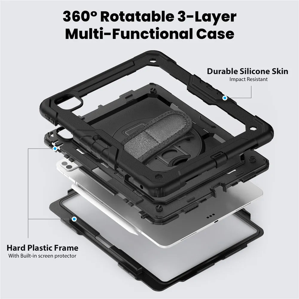 Tablethoes Geschikt voor Apple iPad Pro 11 (2025) & iPad Pro 11 (2024) – Kids Case – Shockproof Armor Case met Schermbeschermer, Handstrap, Schouderband & Penhouder – Zwart