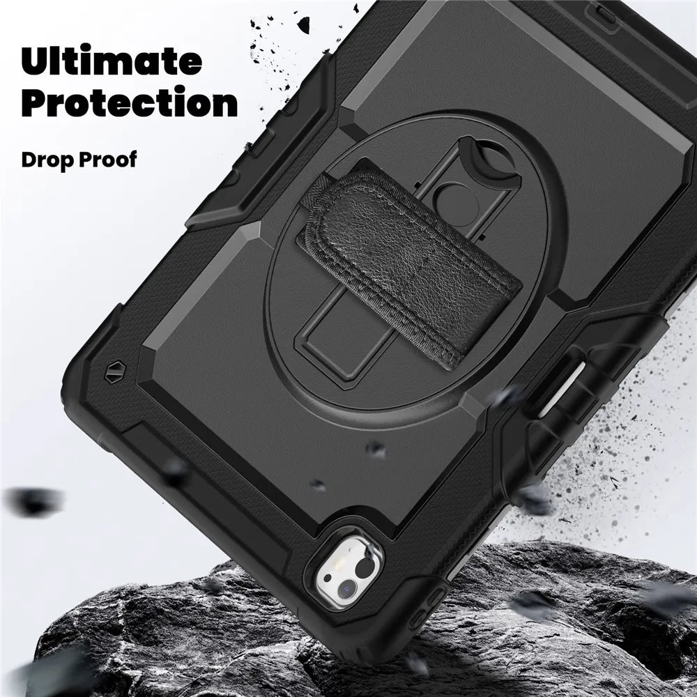 Tablethoes Geschikt voor Apple iPad Pro 11 (2025) & iPad Pro 11 (2024) – Kids Case – Shockproof Armor Case met Schermbeschermer, Handstrap, Schouderband & Penhouder – Zwart