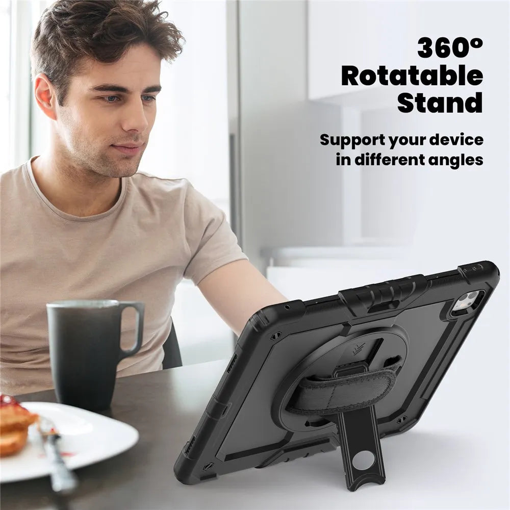 Tablethoes Geschikt voor Apple iPad Pro 13 (2025) & iPad Pro 13 (2024) – Kids Case met Schermbeschermer – Shockproof Armor Case – Handstrap, Schouderband & Penhouder – Zwart