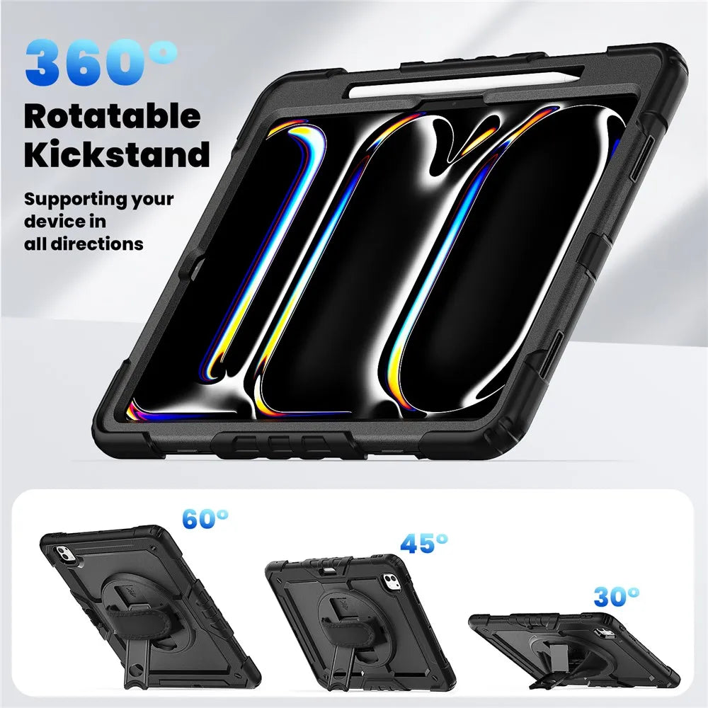 Tablethoes Geschikt voor Apple iPad Pro 11 (2025) & iPad Pro 11 (2024) – Kids Case – Shockproof Armor Case met Schermbeschermer, Handstrap, Schouderband & Penhouder – Zwart