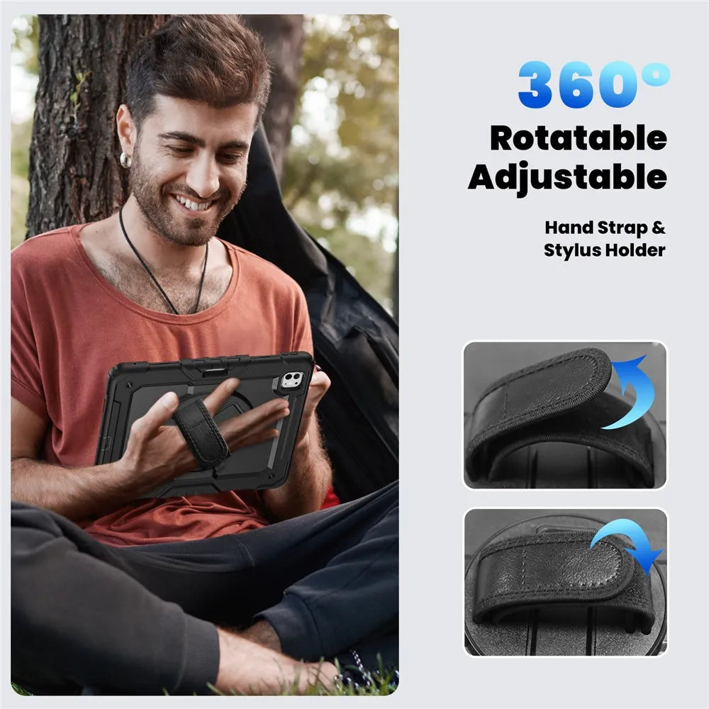Tablethoes Geschikt voor Apple iPad Pro 11 (2025) & iPad Pro 11 (2024) – Kids Case – Shockproof Armor Case met Schermbeschermer, Handstrap, Schouderband & Penhouder – Zwart