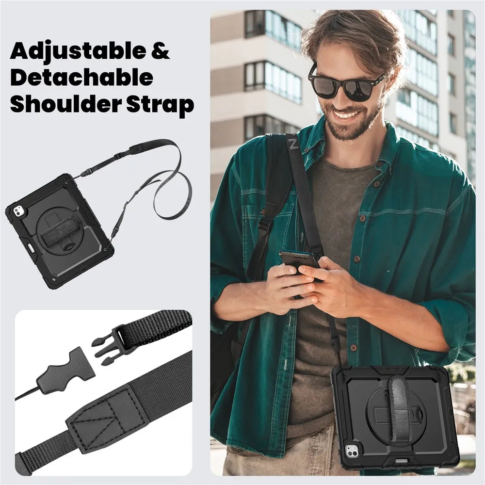 Tablethoes Geschikt voor Apple iPad Pro 11 (2025) & iPad Pro 11 (2024) – Kids Case – Shockproof Armor Case met Schermbeschermer, Handstrap, Schouderband & Penhouder – Zwart