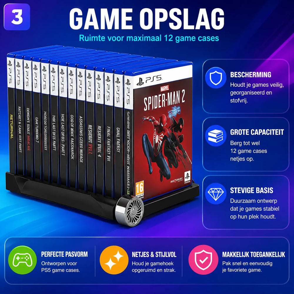 PS5 Opbergstation - Standaard met Koelventilatie - Oplaadstation voor DualSense - Games & Headset Houder-Ilumina Benelux