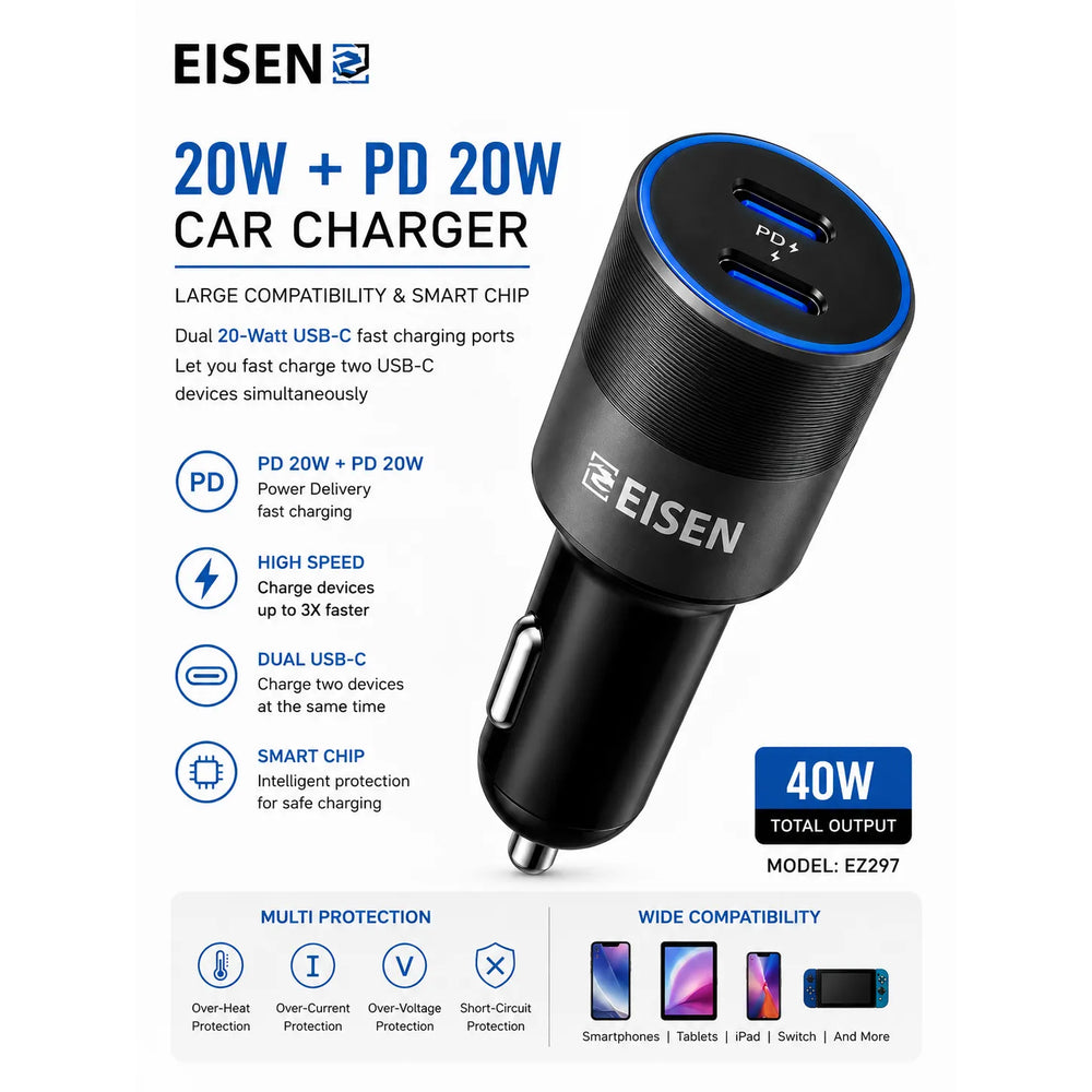 40W Dual USB-C Fast Charge Autolader PD Snellader Zwart-Ilumina Benelux