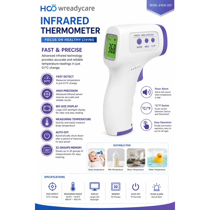 Infrarood Voorhoofdthermometer – Contactloze Digitale Thermometer – Koortsmeter voor Baby, Kinderen & Volwassenen – LCD Display – Geheugenfunctie-Ilumina Benelux