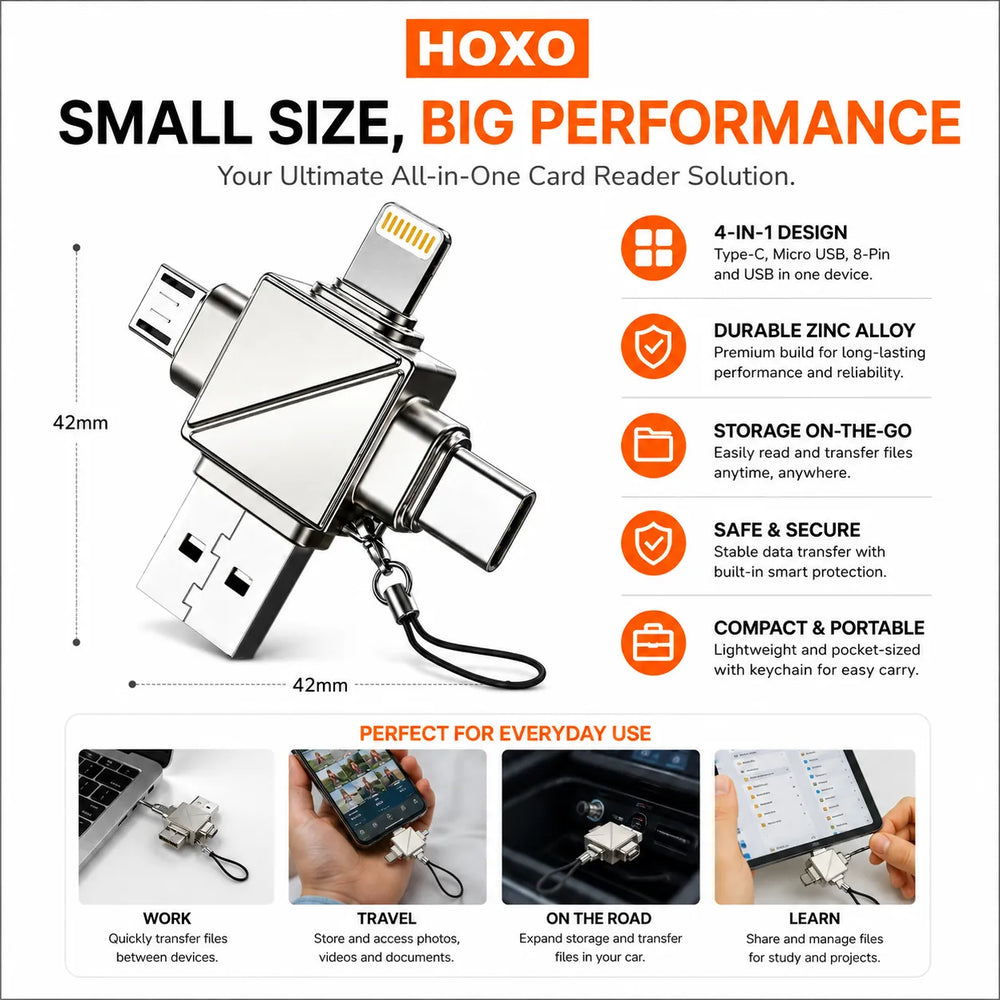 4-in-1 USB Adapter - USB-C / Lightning / Micro USB / USB Connector - OTG Adapter - Data Transfer Adapter-Ilumina Benelux