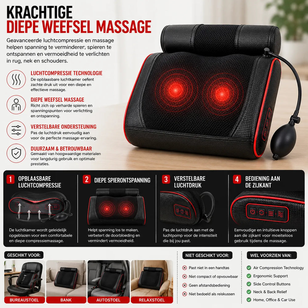 Shiatsu massagekussen rug en nek - Massagekussen - Warmtefunctie - Zwart-Ilumina Benelux