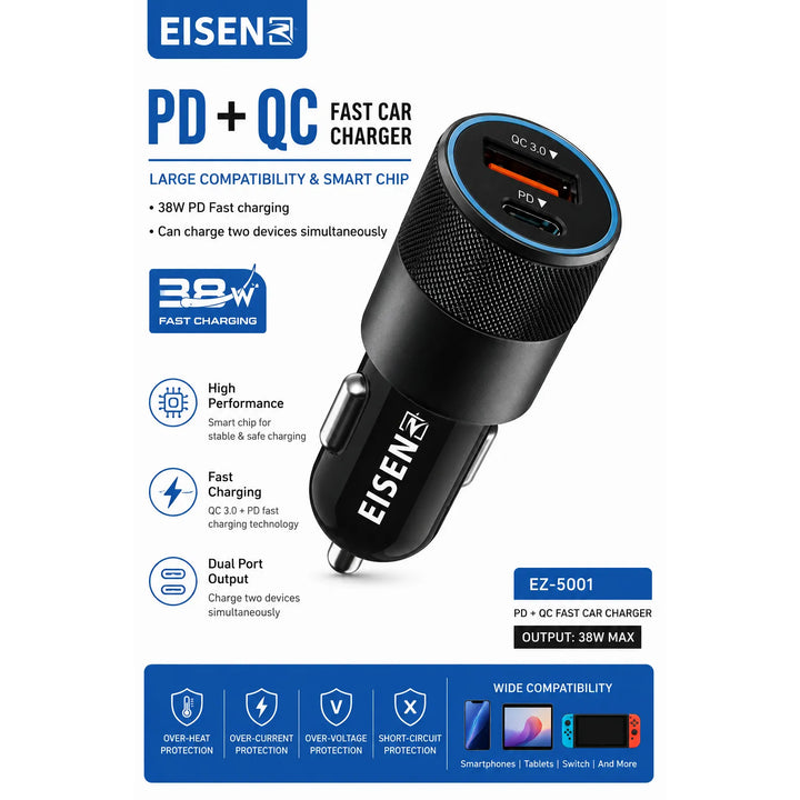 38W PD + QC Fast Car Charger USB-C & USB-A Autolader-Ilumina Benelux