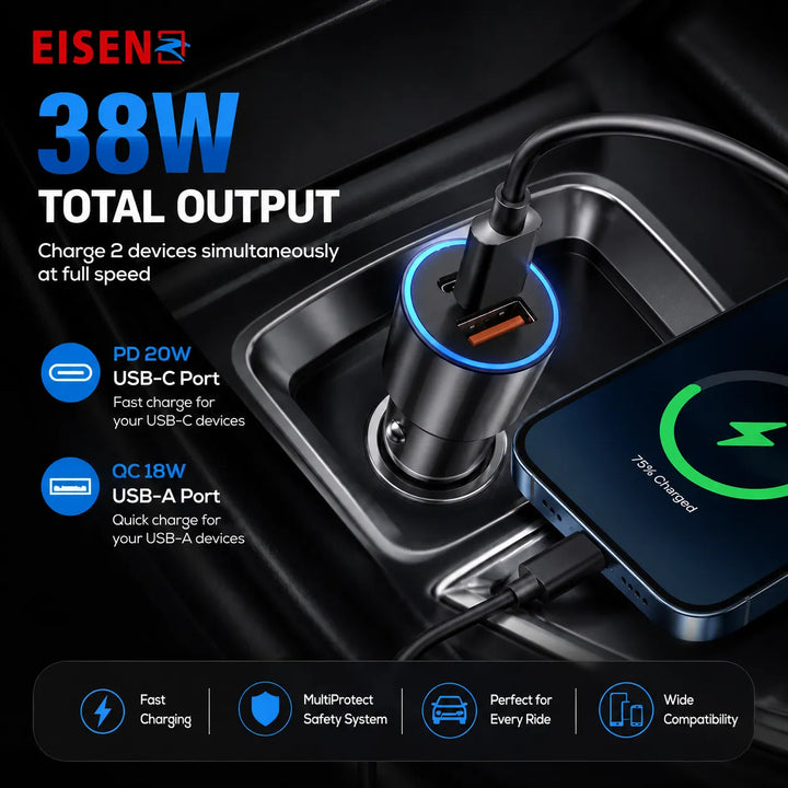 38W Fast Charge Autolader USB-C PD & QC3.0 met USB-C naar Lightning Kabel-Ilumina Benelux