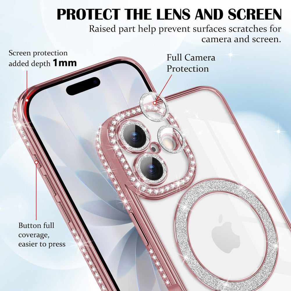 iPhone 17 Hoesjes – MagSafe Glitter Backcover – Diamantjes – Glamour – Roségoud-Ilumina Benelux
