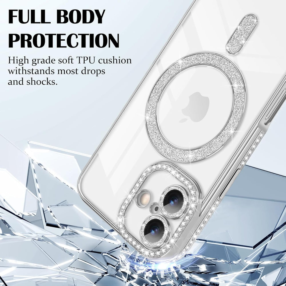 iPhone 17 Hoesjes – MagSafe Glitter Backcover – Diamantjes – Glamour – Zilver-Ilumina Benelux