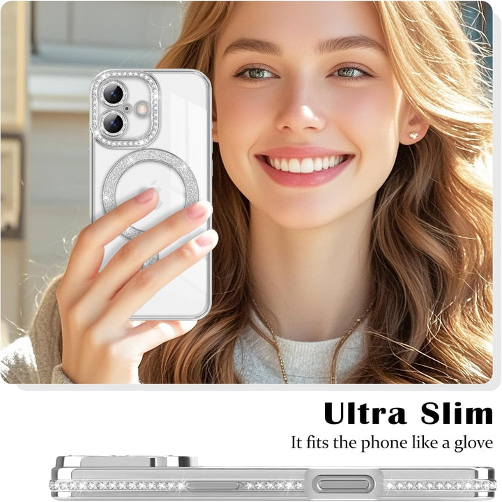 iPhone 17 Hoesjes – MagSafe Glitter Backcover – Diamantjes – Glamour – Zilver-Ilumina Benelux
