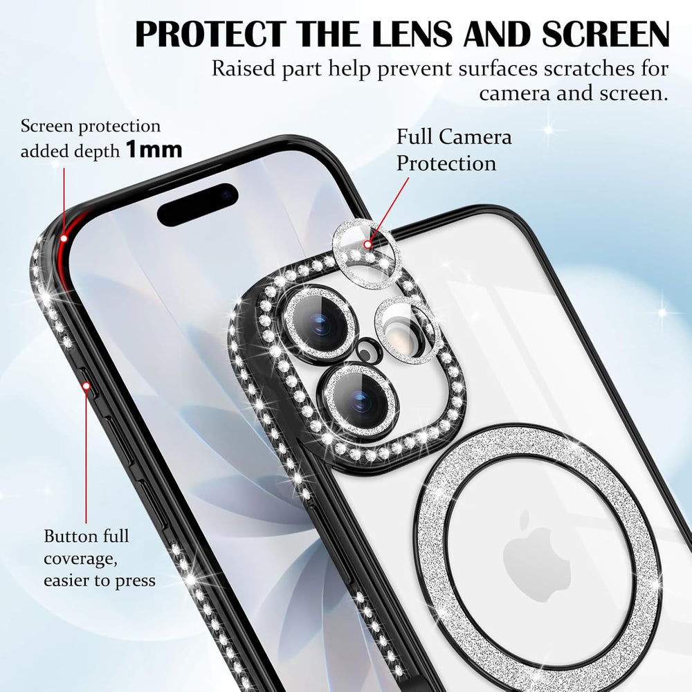 iPhone 17 Hoesjes – MagSafe Glitter Backcover – Diamantjes – Glamour – Zwart-Ilumina Benelux