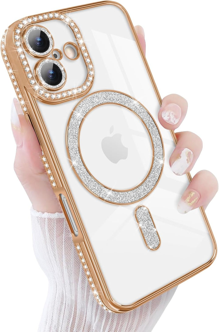iPhone 17 Hoesjes – MagSafe Glitter Backcover – Diamantjes – Glamour – Goud-Ilumina Benelux