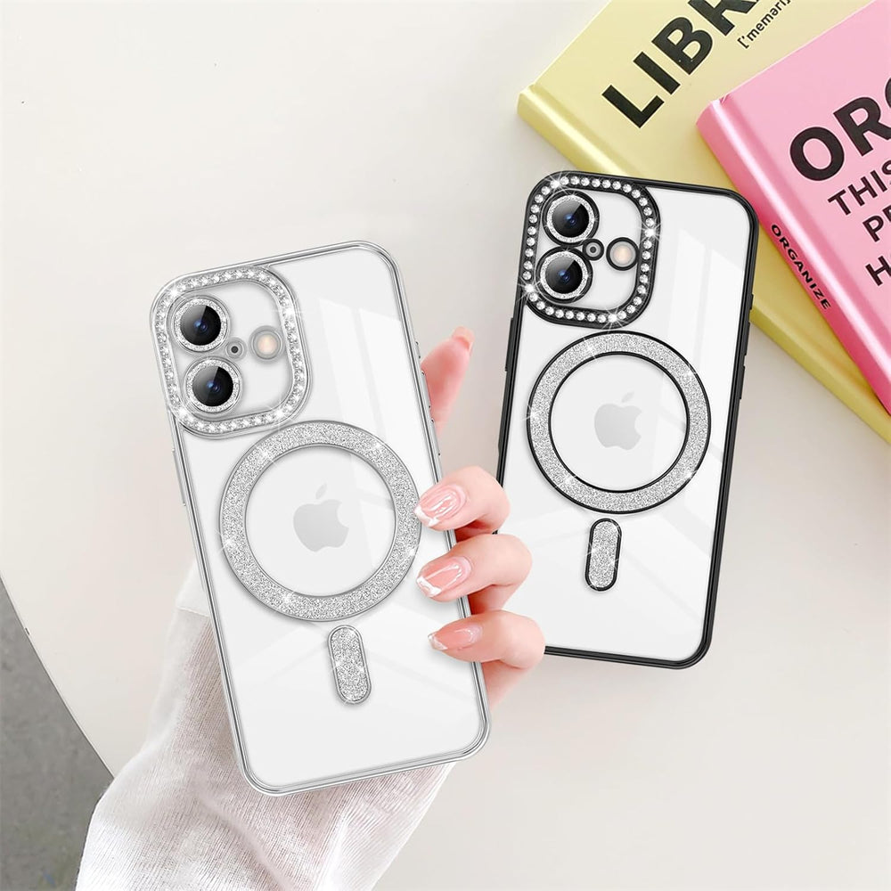 iPhone 17 Hoesjes – MagSafe Glitter Backcover – Diamantjes – Glamour – Zilver-Ilumina Benelux