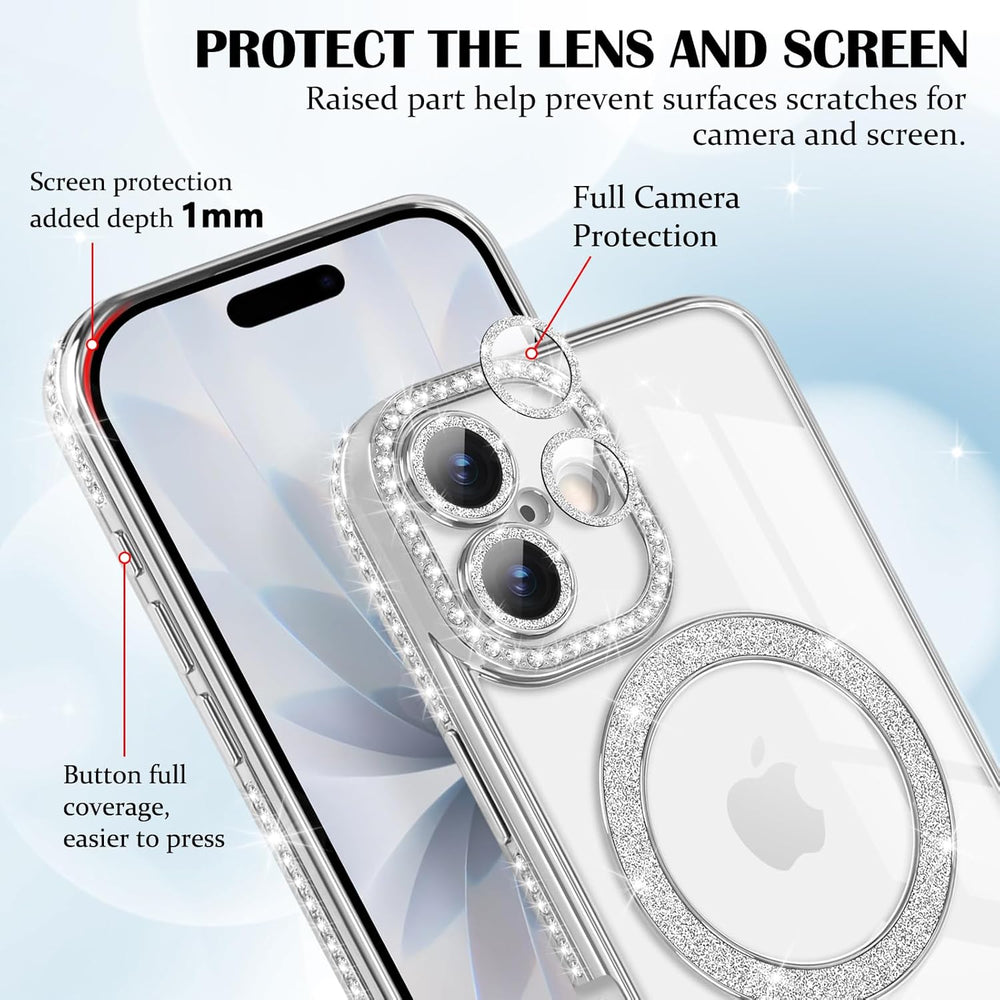 iPhone 17 Hoesjes – MagSafe Glitter Backcover – Diamantjes – Glamour – Zilver-Ilumina Benelux