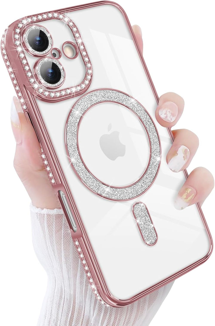 iPhone 17 Hoesjes – MagSafe Glitter Backcover – Diamantjes – Glamour – Roségoud-Ilumina Benelux