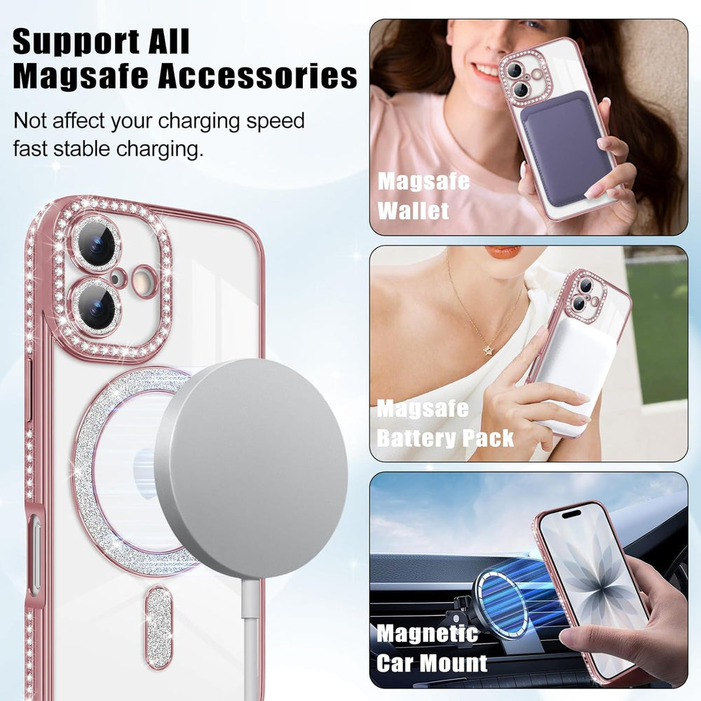 iPhone 17 Hoesjes – MagSafe Glitter Backcover – Diamantjes – Glamour – Roségoud-Ilumina Benelux