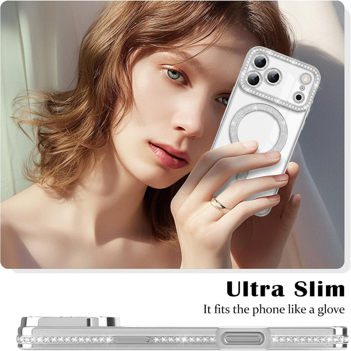 iPhone 17 Pro Hoesjes – MagSafe Glitter Backcover – Diamantjes – Glamour – Zilver-Ilumina Benelux