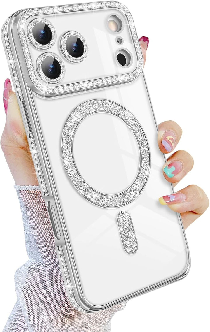 iPhone 17 Pro Hoesjes – MagSafe Glitter Backcover – Diamantjes – Glamour – Zilver-Ilumina Benelux