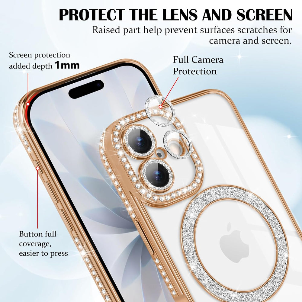 iPhone 17 Hoesjes – MagSafe Glitter Backcover – Diamantjes – Glamour – Goud-Ilumina Benelux