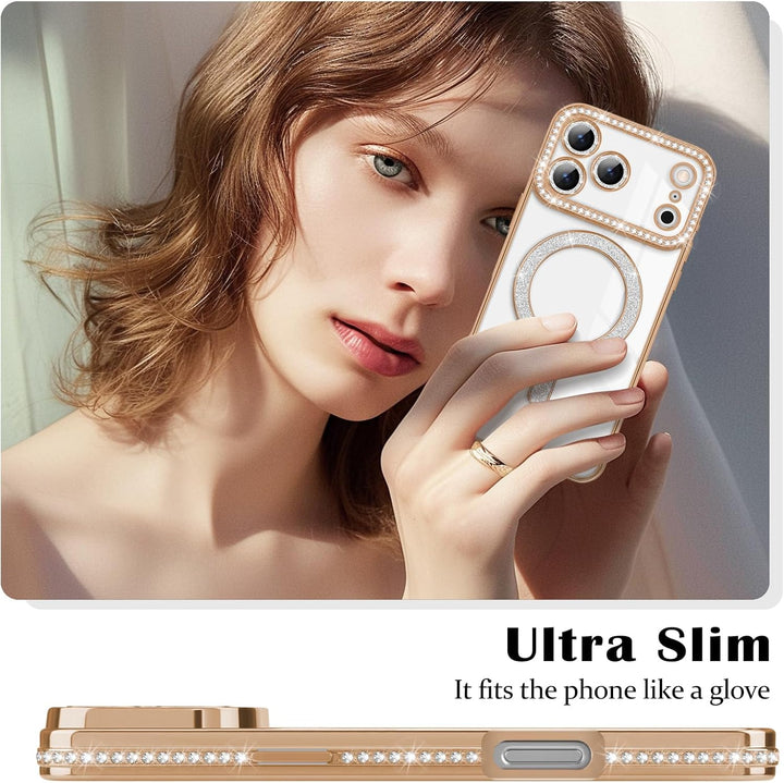 iPhone 17 Pro Hoesjes – MagSafe Glitter Backcover – Diamantjes – Glamour – Goud-Ilumina Benelux