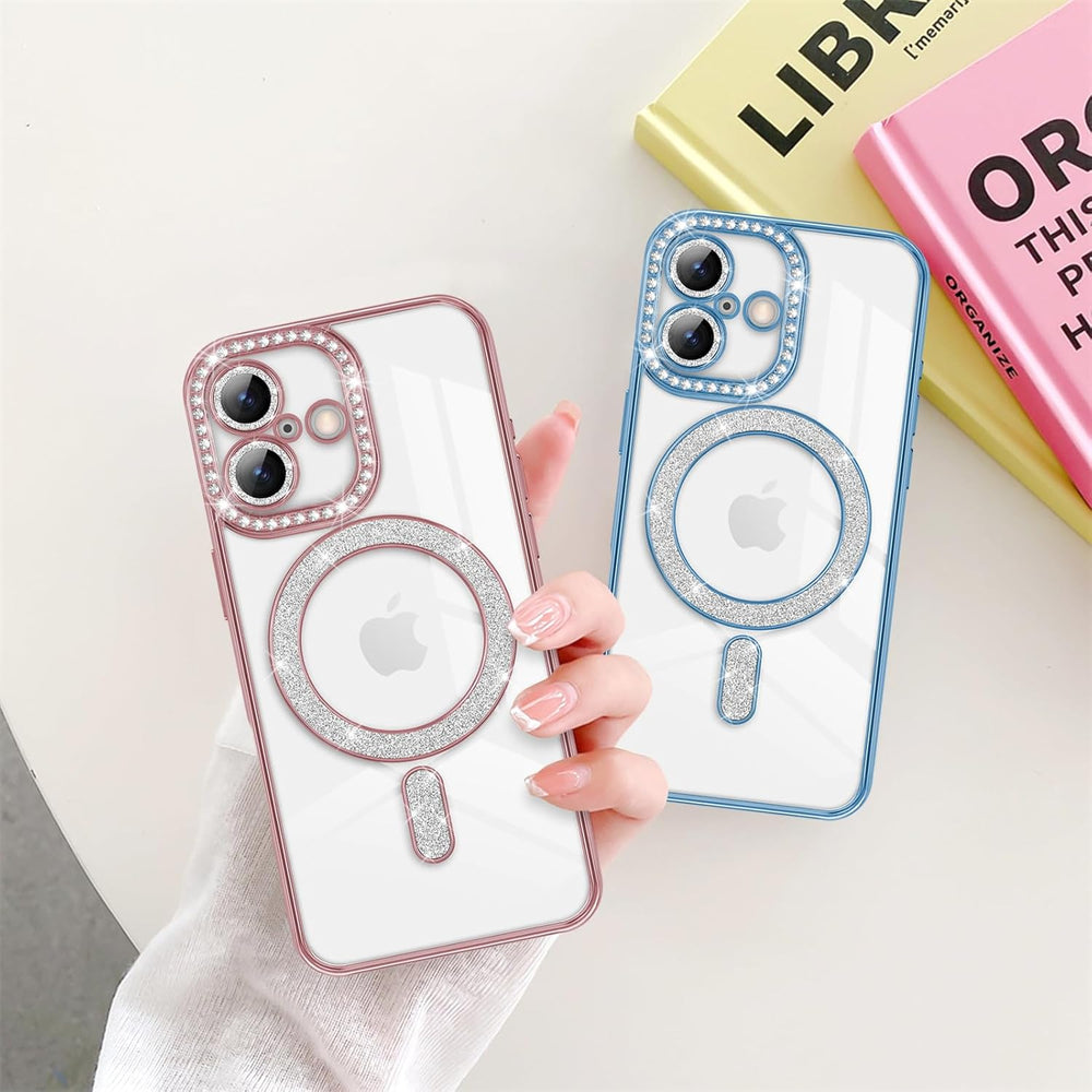 iPhone 17 Hoesjes – MagSafe Glitter Backcover – Diamantjes – Glamour – Roségoud-Ilumina Benelux