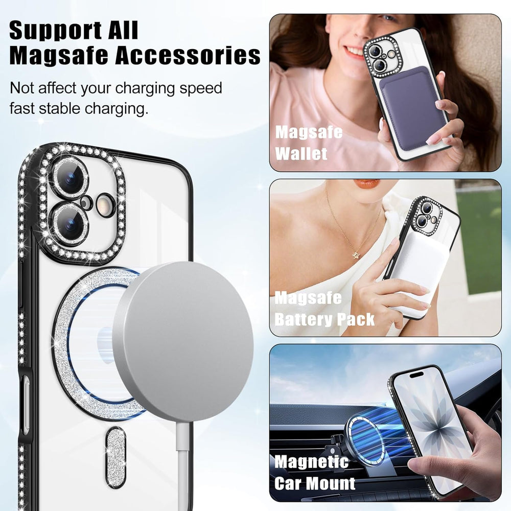 iPhone 17 Hoesjes – MagSafe Glitter Backcover – Diamantjes – Glamour – Zwart-Ilumina Benelux