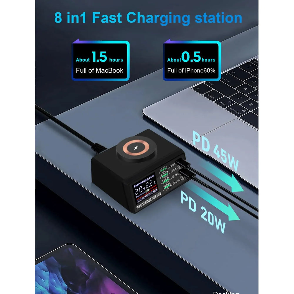 110W USB Oplaadstation 8 Poorten – Multi USB Snellader met Digitaal Display & Draadloos Opladen – Geschikt voor iPhone, Samsung, iPad, Tablets, Speakers en Meer