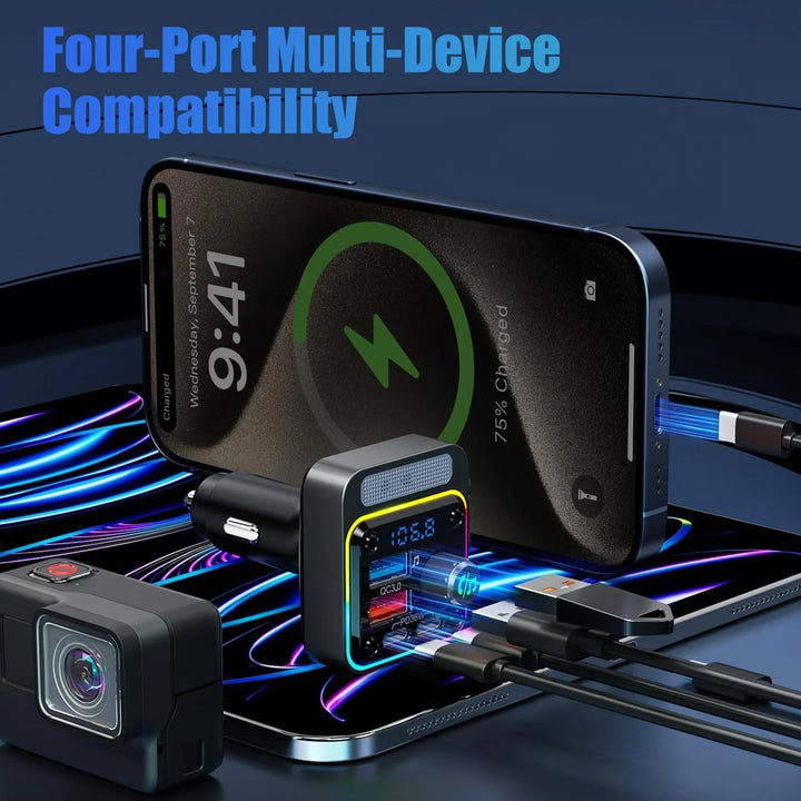 Bluetooth FM Transmitter Auto - Handsfree Carkit - MP3 Audio Receiver - 2x USB + 2x USB-C - Snellader - Zwart-Ilumina Benelux
