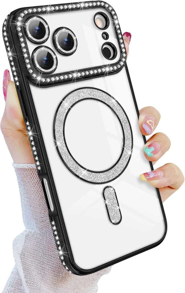 iPhone 17 Pro Hoesjes – MagSafe Glitter Backcover – Diamantjes – Glamour – Zwart-Ilumina Benelux
