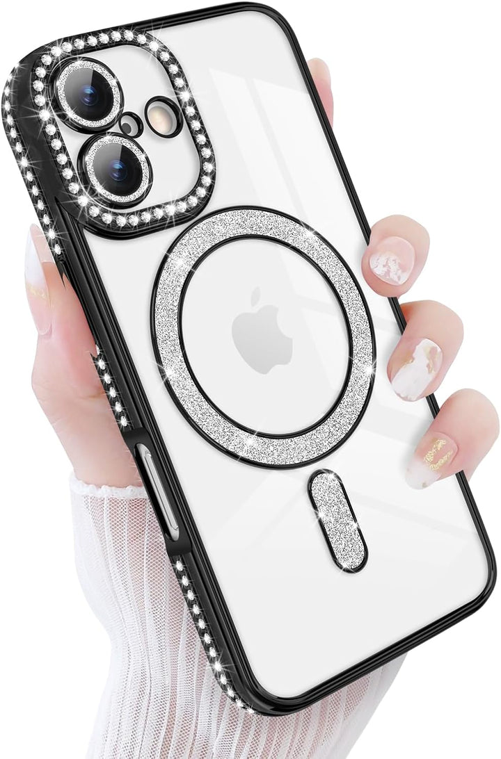 iPhone 17 Hoesjes – MagSafe Glitter Backcover – Diamantjes – Glamour – Zwart-Ilumina Benelux