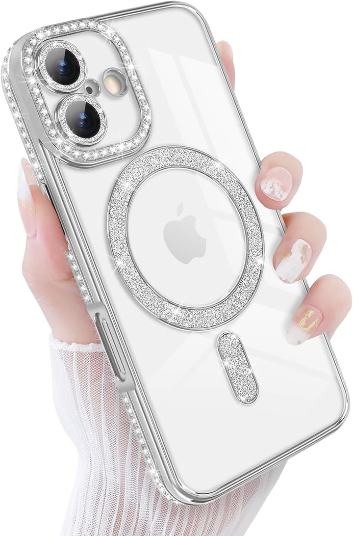 iPhone 17 Hoesjes – MagSafe Glitter Backcover – Diamantjes – Glamour – Zilver-Ilumina Benelux