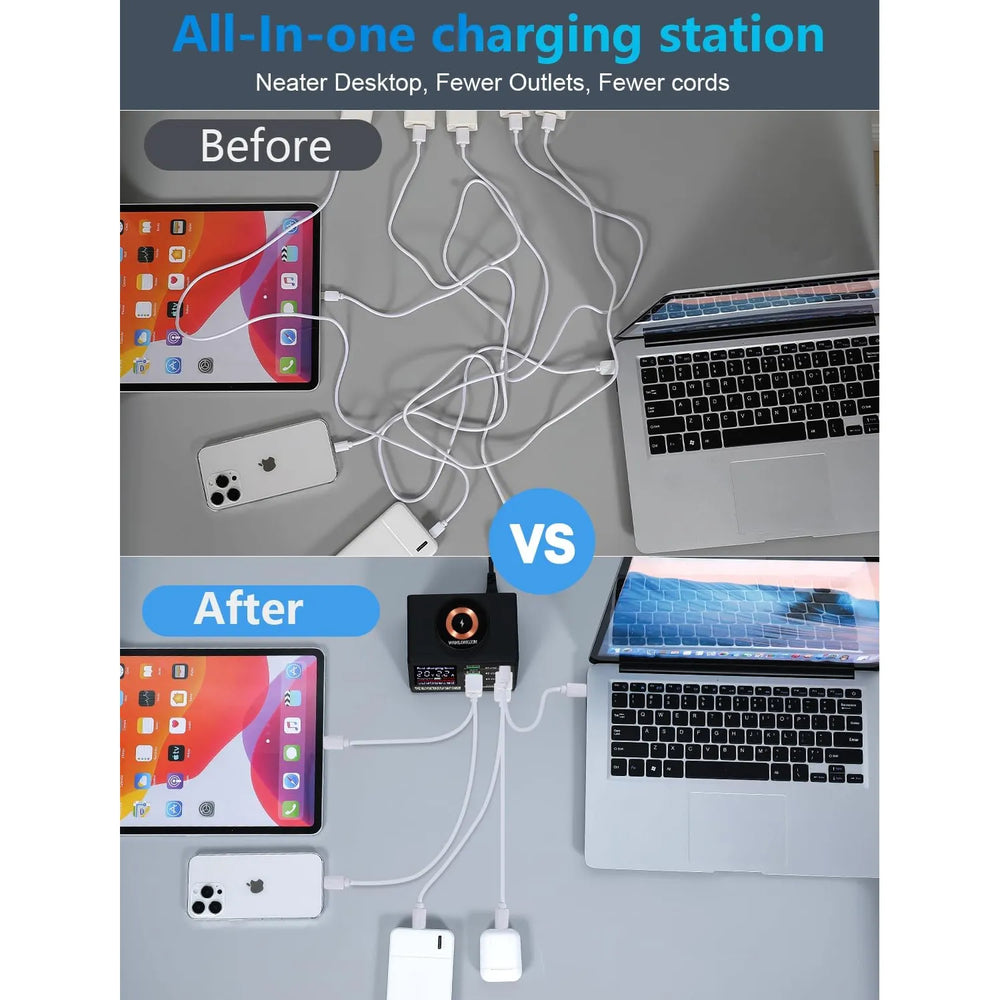 110W USB Oplaadstation 8 Poorten – Multi USB Snellader met Digitaal Display & Draadloos Opladen – Geschikt voor iPhone, Samsung, iPad, Tablets, Speakers en Meer