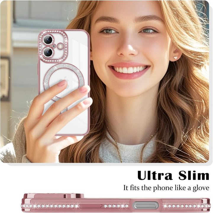 iPhone 17 Hoesjes – MagSafe Glitter Backcover – Diamantjes – Glamour – Roségoud-Ilumina Benelux
