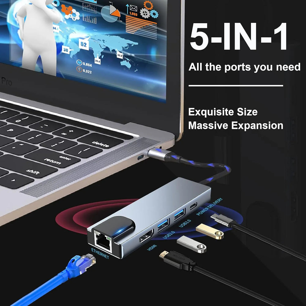 USB-C Hub 5-in-1 – 4K HDMI – Gigabit Ethernet – USB 3.0 – 100W Power Delivery – USB-C Docking Station voor MacBook, iPad Pro, Surface Pro en Laptop