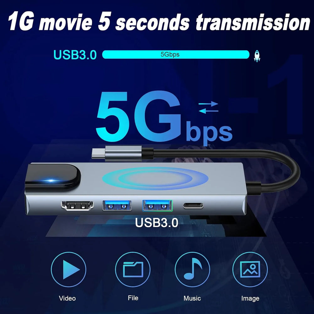 USB-C Hub 5-in-1 – 4K HDMI – Gigabit Ethernet – USB 3.0 – 100W Power Delivery – USB-C Docking Station voor MacBook, iPad Pro, Surface Pro en Laptop