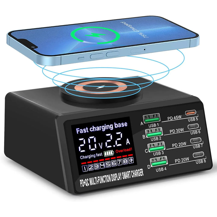 110W USB Oplaadstation 8 Poorten – Multi USB Snellader met Digitaal Display & Draadloos Opladen – Geschikt voor iPhone, Samsung, iPad, Tablets, Speakers en Meer-Ilumina Benelux