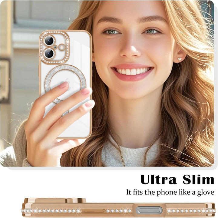 iPhone 17 Hoesjes – MagSafe Glitter Backcover – Diamantjes – Glamour – Goud-Ilumina Benelux